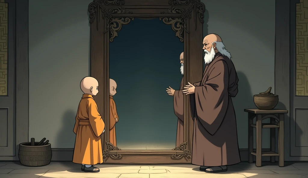 A large mirror hanging inside room, young monk student looking at mirror, his fat old monk master is standing with him beside a stand of wood and above the stand a pot of mud is placed, old monk is putting his hand into pot of mud, in anime style, high quality 