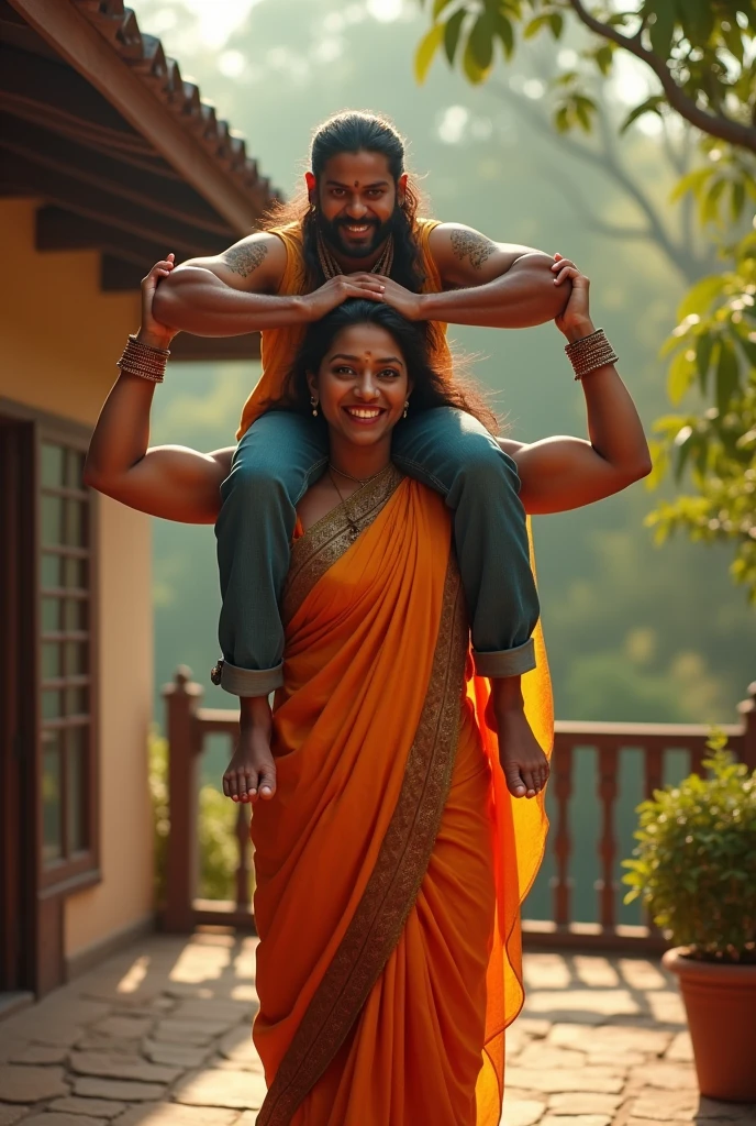 a tall, beautiful Indian actress in saree carrying a large man over her head sitting on her shoulders in home balcony , natural smile, she has strong arms, traditional
