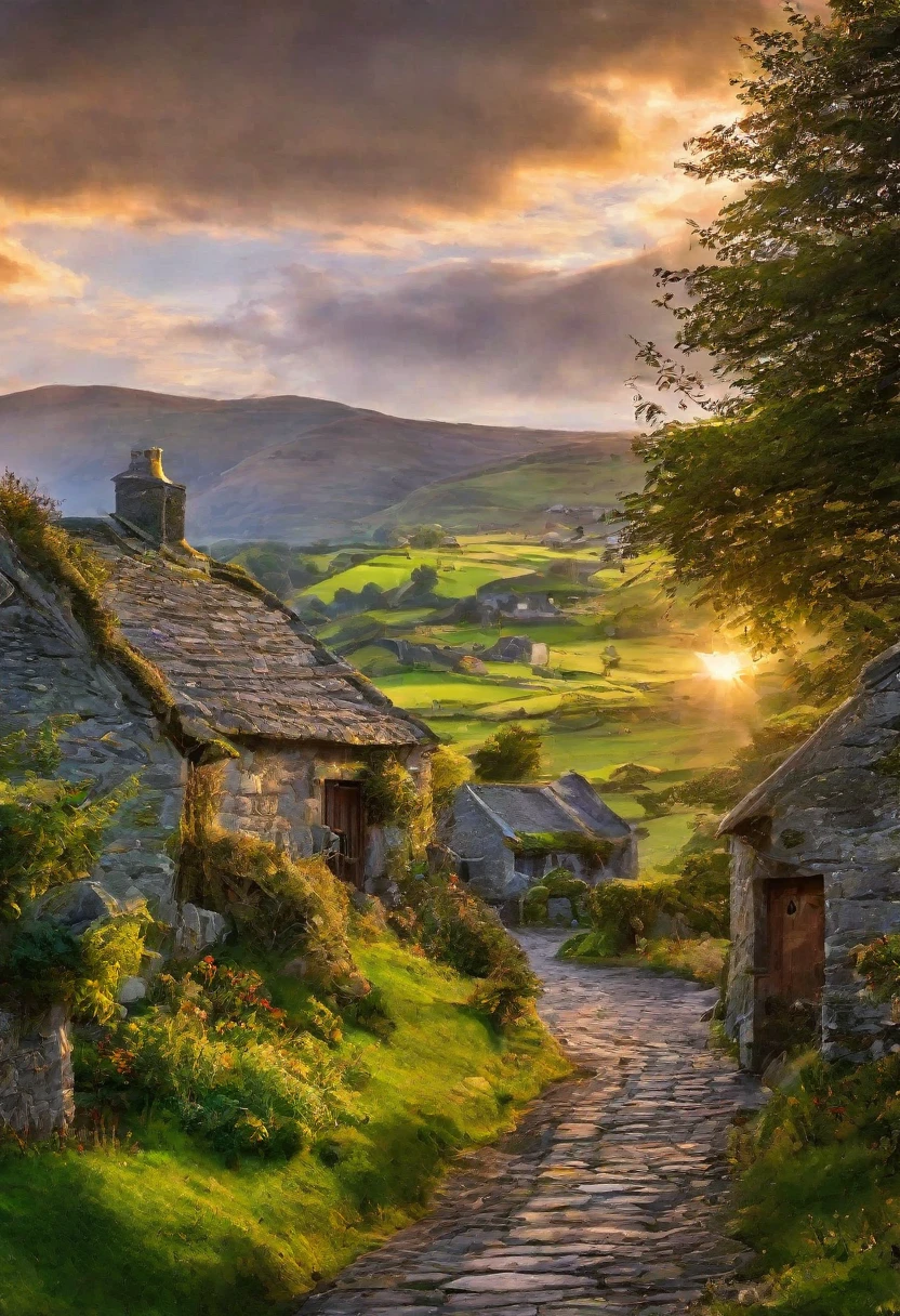 Rustic village nestled among rolling hills In Ireland  , bathed in the soft, ethereal glow of magic hour sunlight suggesting a heavenly realm, traditional stone cottages with asymmetrical roofs, stone pathways leading to a serene center, clusters of vibrant greenery, warm, radiating light from cottage windows creating an inviting ambiance, ethereal light rays filtering through a canopy of ancient trees, distant mountains