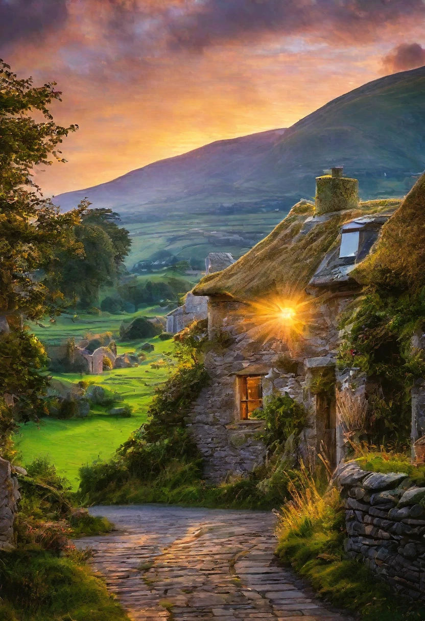 Rustic village nestled among rolling hills In Ireland  , bathed in the soft, ethereal glow of magic hour sunlight suggesting a heavenly realm, traditional stone cottages with asymmetrical roofs, stone pathways leading to a serene center, clusters of vibrant greenery, warm, radiating light from cottage windows creating an inviting ambiance, ethereal light rays filtering through a canopy of ancient trees, distant mountains