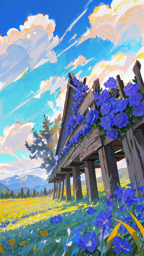 outdoors, flower, field, scenery, sky, no humans, cloud, flower field, blue flower, day, blue sky, cloudy sky, mountainous horizon, mountain, grass
