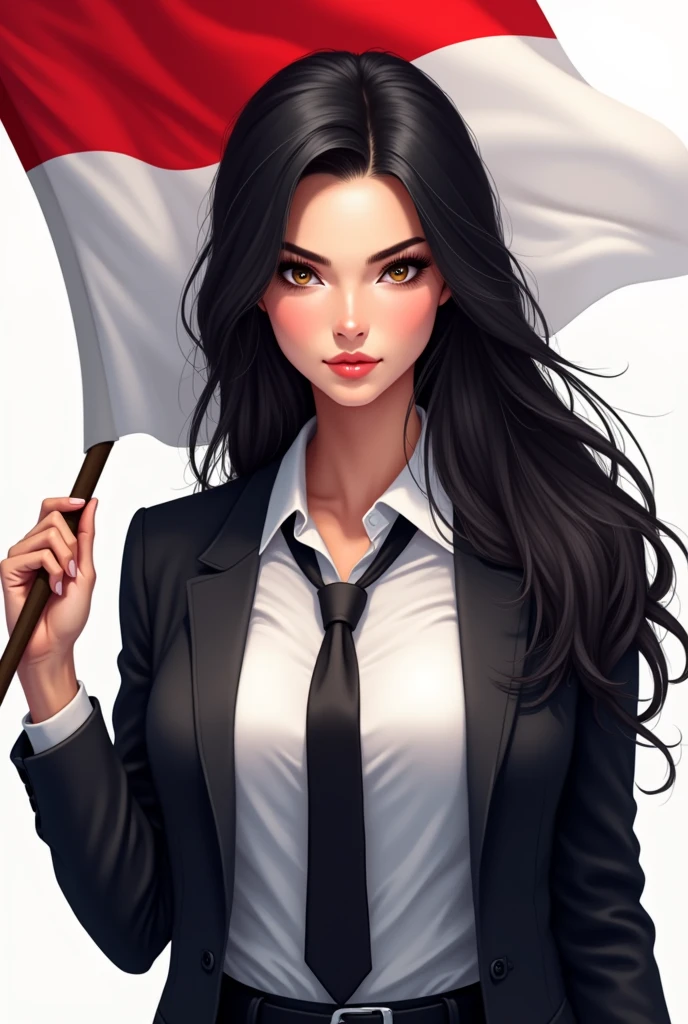 Portrait, beautiful woman, holding Indonesian flag, alpha female, shirt, blazer, tie, elegant, black hair, white background