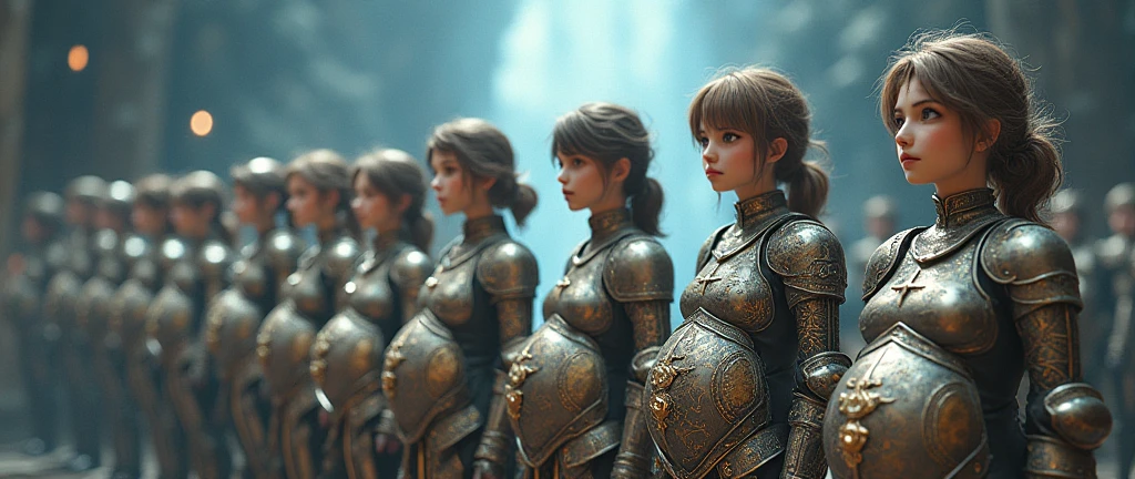 A lineup of female knights from a fantasy world. All have anime faces, all are pregnant women with big bellies, all are wearing armor, and all are giving birth.