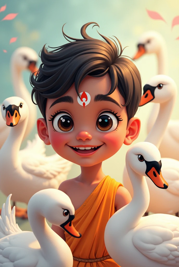 Drawing vector style ,a cute teenage South Indian Hindu boy, vermilion fore head, age 6, adorable 6 white Swan surround him, beautiful detailed eyes, beautiful detailed lips, extremely detailed eyes and face, long eyelashes, cute and adorable expression, beautiful young girl, soft lighting, warm color tones, (best quality,4k,8k,highres,masterpiece:1.2),ultra-detailed,(realistic,photorealistic,photo-realistic:1.37),colorful, vibrant, adorable, cute, Cubs highly detailed, intricate, whimsical, magical, fantasy, soft focus, dreamy, warm lighting, oil painting