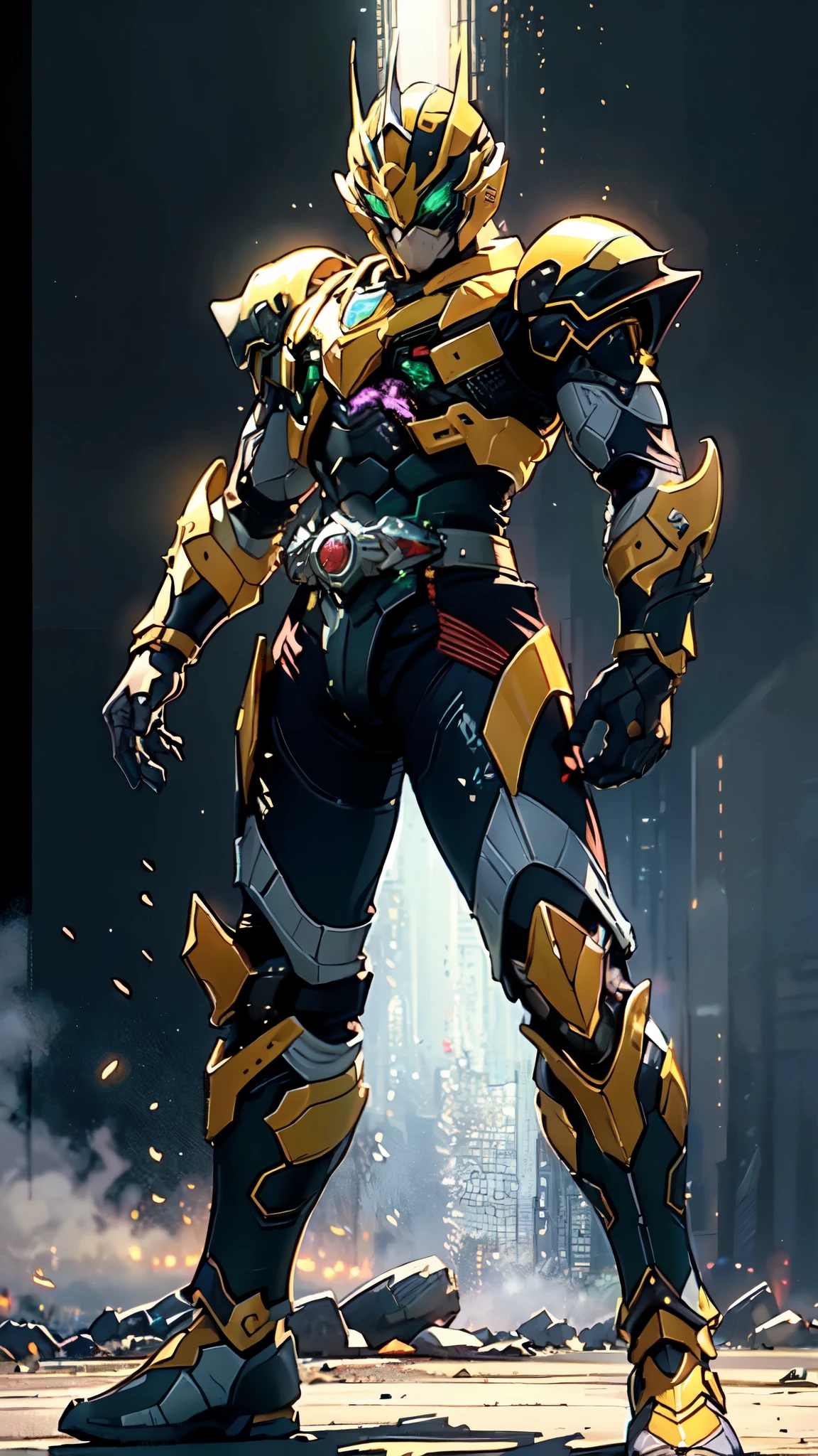 (masterpiece:1.5, best quality:1.5, extremely delicate:1.5), a man wearing a full-face helmet, a fantasy-style biotech armored combat suit, green eyes, (a composite layered chest armor), fully enclosed shoulder guards, matching arm and leg guards, belt of Neon circuit, (the color scheme is primarily black with green and red accents), the design balances heavy with agility, a high-tech bio-mecha armor, (Armor Concept Inspired by Kamen Rider, stand on the top of a skyscraper in a futuristic sci-fi city), this character embodies a finely crafted fantasy-surreal style armored hero in anime style, exquisite and mature manga art style, (element, plasma, energy, the armor glows), ((male:1.5)), metallic, high definition, highres, ultra-detailed, ultra-fine painting, professional, perfect body proportions, golden ratio, anatomically correct, symmetrical face, extremely detailed eyes and face, high quality eyes, creativity, RAW photo, UHD, 32k, Natural light, cinematic lighting, masterpiece-anatomy-perfect