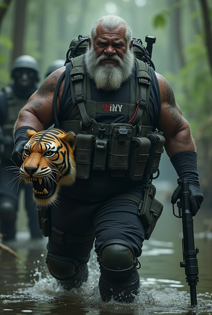 (a dark-skinned fat muscular bearded old man in skintight scuba diver suit) carrying a gun in right hand, (carrying realistic roaring tiger mask), (wearing black sky mask), dynamic action pose, fierce expression, showcasing an imposing stature, surrounded by military elements, dramatic shadows and intense highlights, cinematic color tones, high detail, powerful, art influenced by Bruce Onobrakpeya and Stanley Artgerm, ultra-detailed, best quality image, action-packed atmosphere. fighting stance. patrolling in a swamp