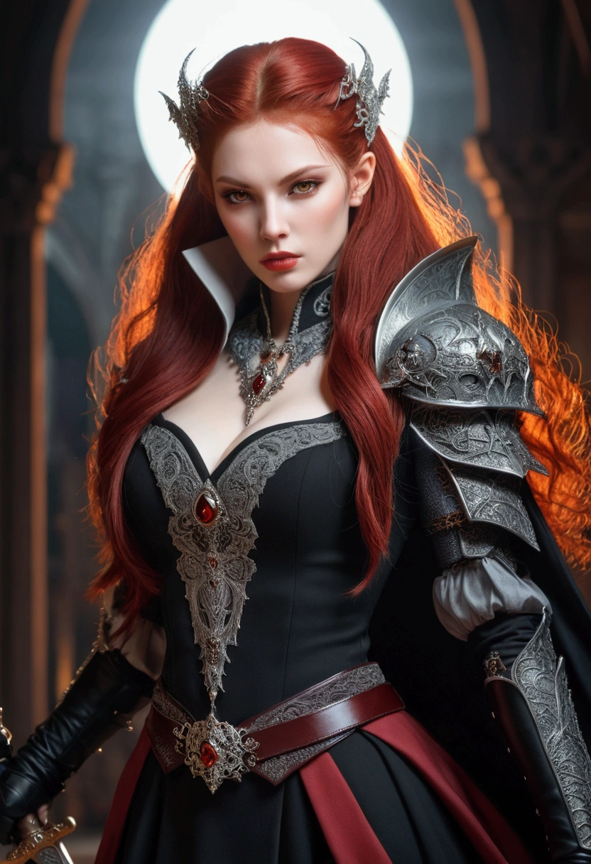 a realistic vampire queen with black and redhead with Sword and uniform warrior fantasy