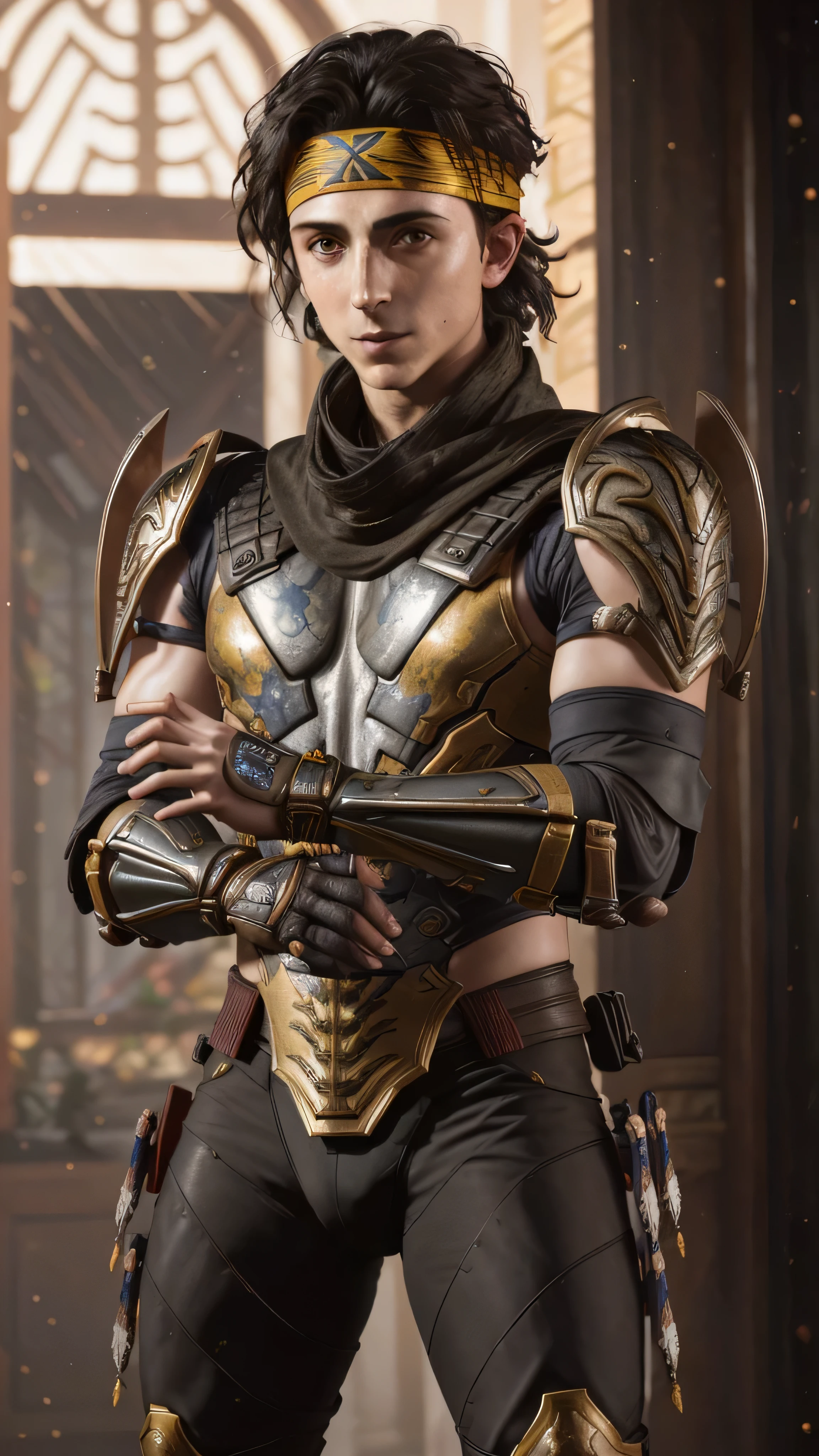 (Timothee Chalamet) as Takeda Takahashi from Mortal Kombat, black hair, headband, ninja mask, scarf, metal armor, white armor, (insanely detailed, beautiful detailed face, masterpiece, best quality), cinematic lighting, 1man, solo, full body view, front view, looking at viewer, intricate, high detail, sharp focus, dramatic, photorealistic painting art by greg rutkowski