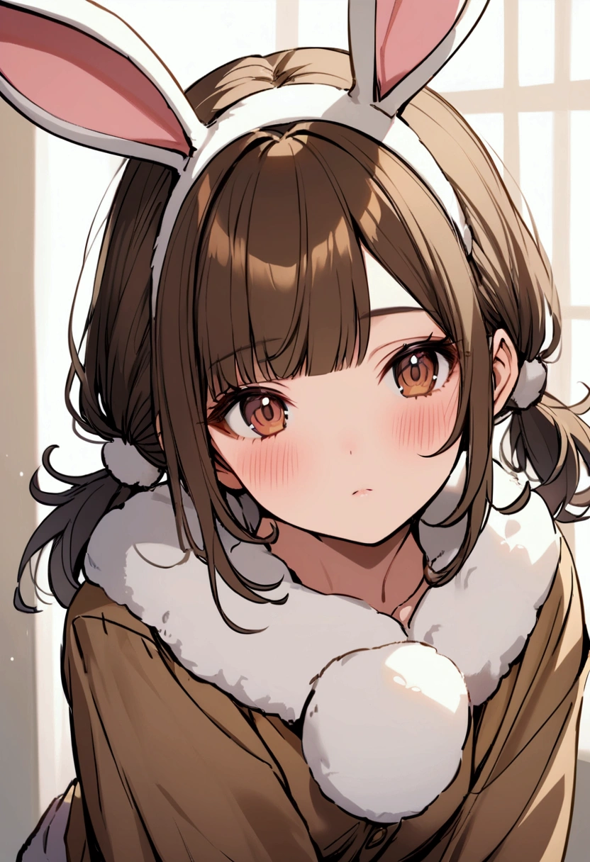 brunette girl, bangs, short pigtails, brown eyes, bunny clothes