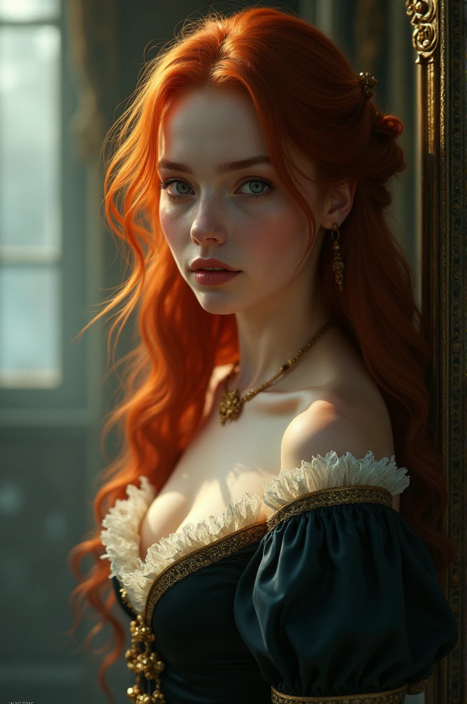 (solo, full body photo:1.3), (action packed:1.3), (haze, fog, mist:1.3), chiaroscuro, best quality, photorealistic, 1woman, (cute), (24yo:1.2), redhead, long ginger hair highly detailed, 1700'S, digital photography, art by artgerm and ruan jia and greg rutkowski surreal painting gold butterfly filigree, broken glass, (masterpiece, sidelighting, finely detailed Fashionable eyes: 1.2) (perfect oval large eyes that gazes at the viewer), beautiful detailed face, blue gorgeous perfect eyes, (blonde hair ponytail), (attractive young woman:1.3), (thick amazing hair), (seductive:1.1), (blushing:1.1)