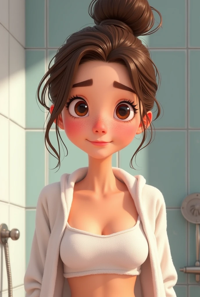 21 years, 1 girl, Brown hair in a bun, Brown eyes, slight smile, Freckles on the cheeks, thin eyebrows, wet hair, wet skin, use a white towel, standing in front of a shower, Cartoon, (pixar:1.2), Marinette Dupain Cheng, long nose, hits, full body view, Wide hips, small breasts, smiling