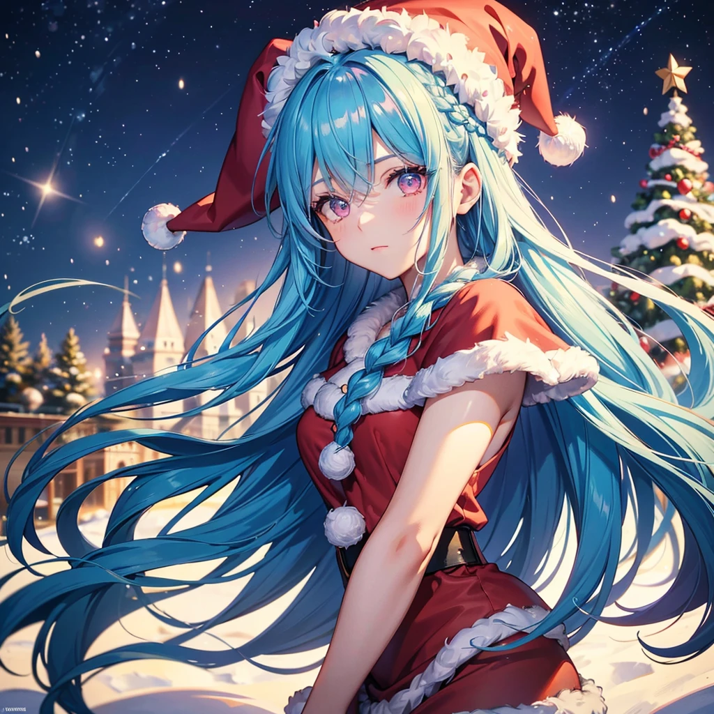 (Sky Blue Hair),(Braided Hair),(Pink Eyes),(Fair Skin),(Full Body),(Alone),(Santa Claus Clothes),(Giant Christmas Tree in the Background),(Snowy Night),Sparkling Night Sky,(Masterpiece, Top Quality, Very Detailed, Best Shadows),(Detailed Background),(Beautifully Detailed Face),High Contrast,(Best Lighting, Very Delicate and Beautiful),((Cinematic Light)),Hyper Detail,8k,Dramatic Light,Exquisite Detail,