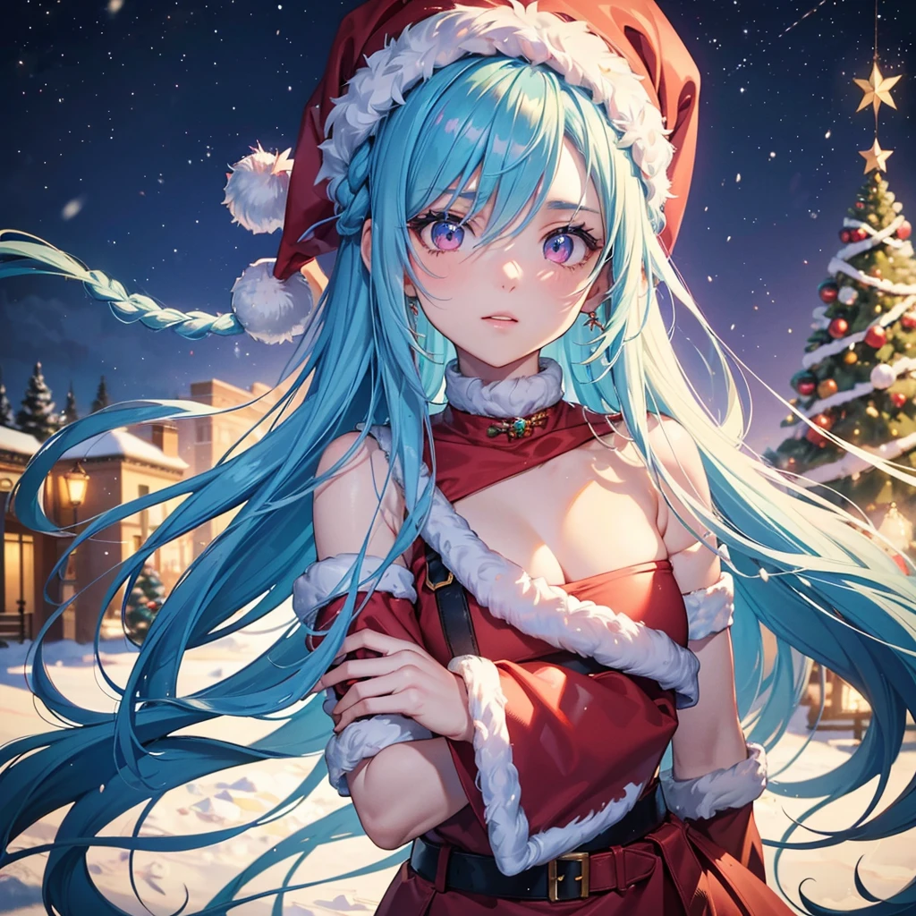 (Sky Blue Hair),(Braided Hair),(Pink Eyes),(Fair Skin),(Full Body),(Alone),(Santa Claus Clothes),(Giant Christmas Tree in the Background),(Snowy Night),Sparkling Night Sky,(Masterpiece, Top Quality, Very Detailed, Best Shadows),(Detailed Background),(Beautifully Detailed Face),High Contrast,(Best Lighting, Very Delicate and Beautiful),((Cinematic Light)),Hyper Detail,8k,Dramatic Light,Exquisite Detail,