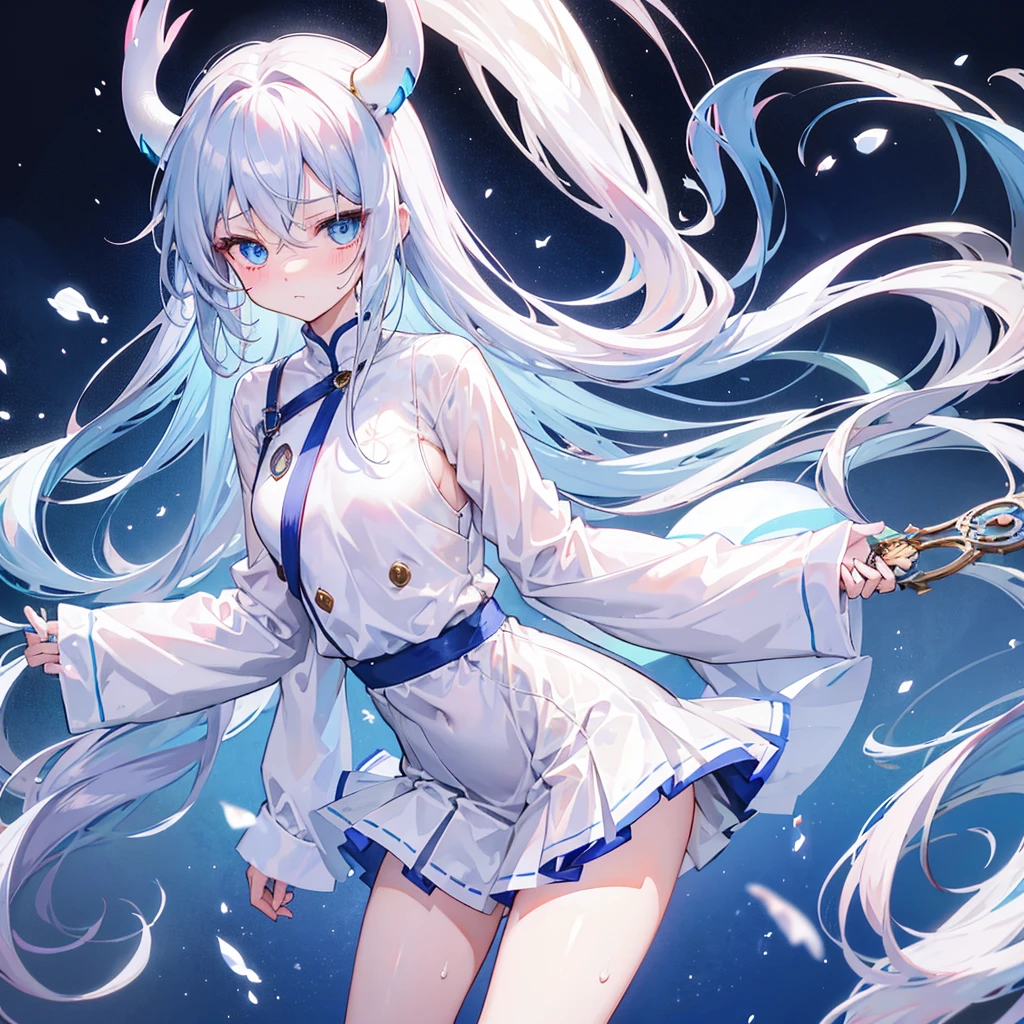 Wearing too little，Express disgust，blush，Sky blue eyes，白色Long hair，Long hair，White头发，Sweat，soak，liquid，transparent，Cropped tops，Succubus，White，Short skirt，Slightly scared