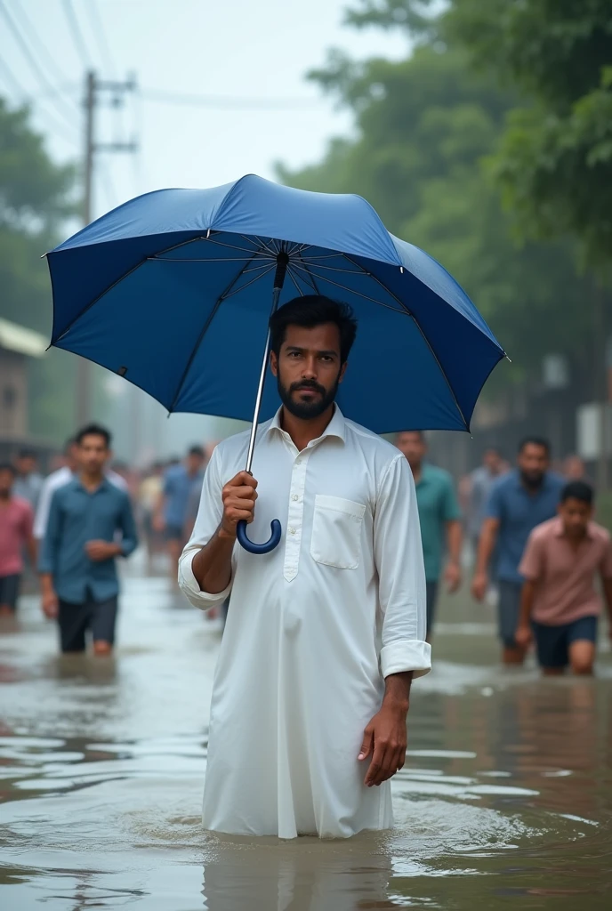 A man with dark hair and beard 30 year old politician wearing plain full handed white shirt and vesti they helping people in flood with an thick blue colour umbrella