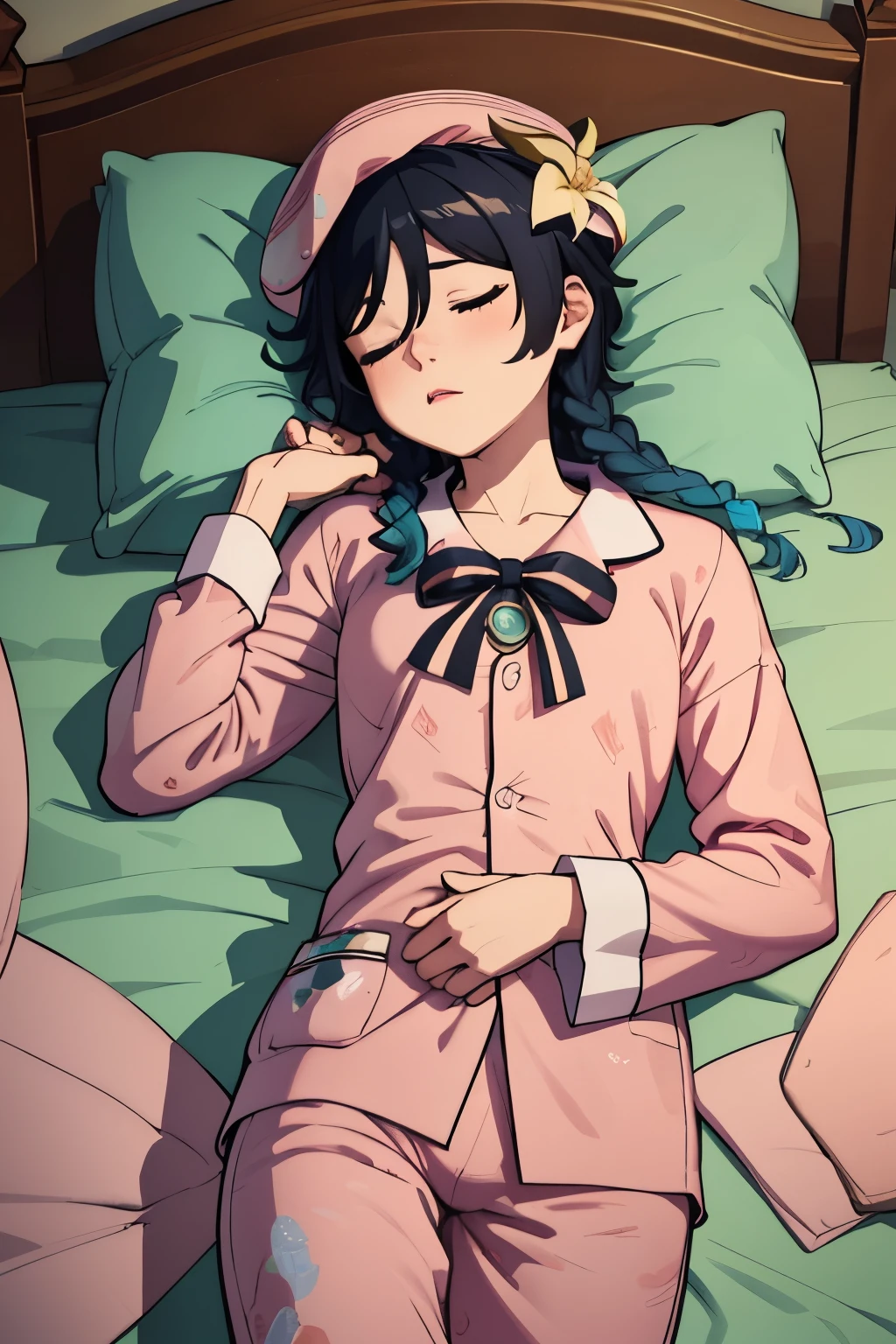 work of art, best qualityer, Twenty Def, beret, hat flower, pink pajamas, pajama pants, jewerly, brooch, sleeping, Lying sideways, bed-in, 