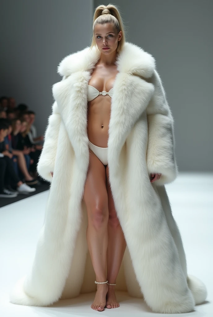 Very wide、Very thick, white mink fur coat, Thickness 100 cm, fluffy, Thick white mink fur collar, 3 floors、(Fur fashion show)、naked、Nordic beauties、High ponytail、(Very large breasts:2.0)、naked、(Squat down and spread your legs)