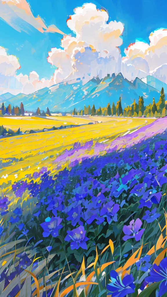 outdoors, flower, field, scenery, sky, no humans, cloud, flower field, blue flower, day, blue sky, cloudy sky, mountainous horizon, mountain, grass