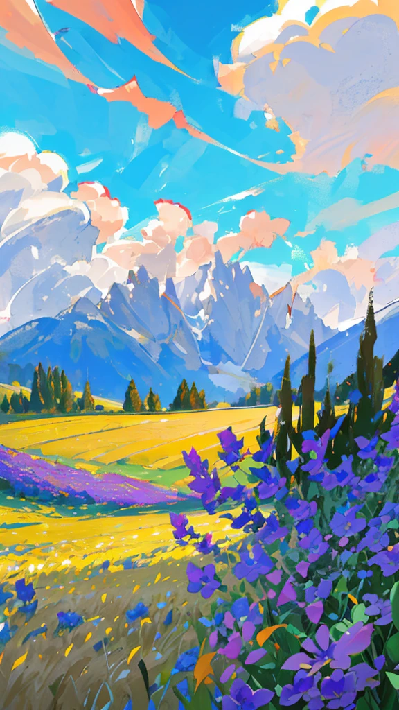 outdoors, flower, field, scenery, sky, no humans, cloud, flower field, blue flower, day, blue sky, cloudy sky, mountainous horizon, mountain, grass