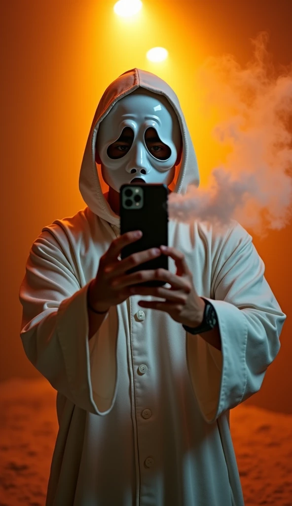 young, man, costume, scream mask, vape, in it, cool, selfie, White tunica, iphone 11, warm light.