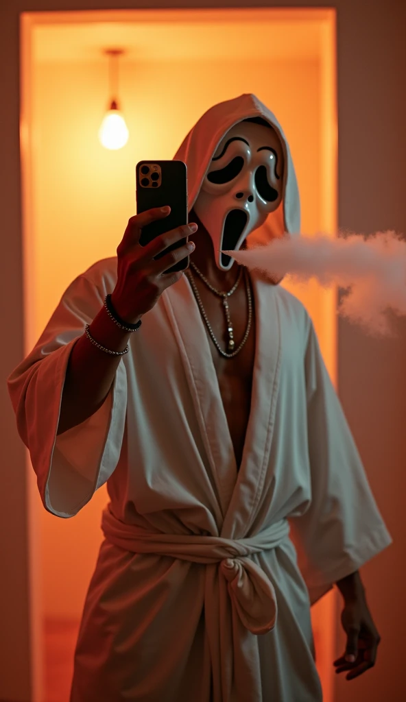 young, man, costume, scream mask, vape, in it, cool, selfie, White tunica, iphone 11, warm light.