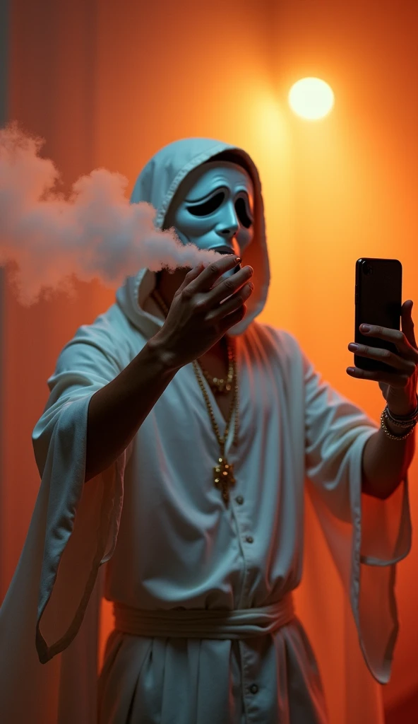 young, man, costume, scream mask, vape, in it, cool, selfie, White tunica, iphone 11, warm light.