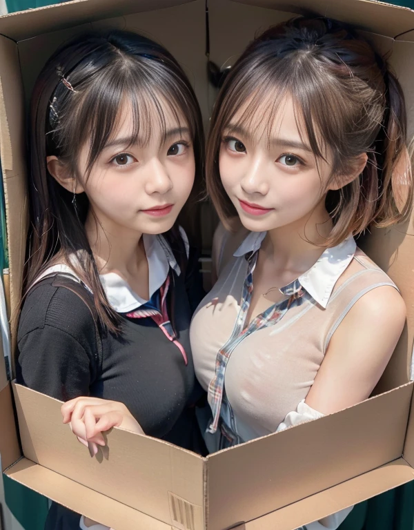 8k,masterpiece,Japanese,best quality, two (schoolgirls:1.4), (crowded box:1.5), (reluctantly:1,6), (blush:1.3), (breasts:1.1)