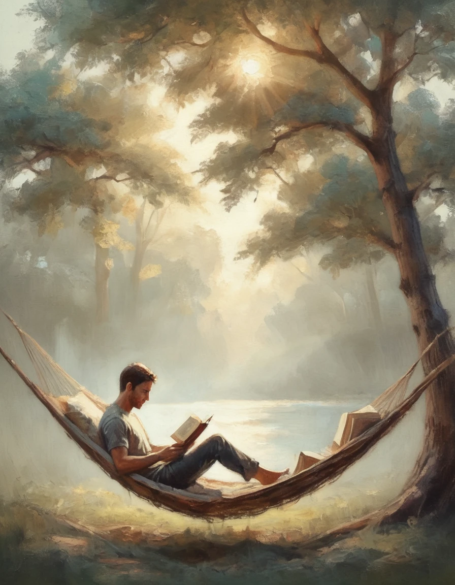 Hyperreal digital art style, "Fairytale", fantasy world coming out of centered book, open book, hyperdetailed double exposure fantasy illustration, masterpiece, cinematic, by Andreas Lie, Luke Gram, photorealism, backlit, gorgeous light, a man resting in a hammock reading a book
