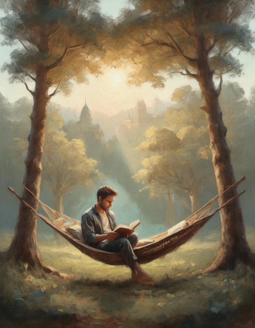 Hyperreal digital art style, "Fairytale", fantasy world coming out of centered book, open book, hyperdetailed double exposure fantasy illustration, masterpiece, cinematic, by Andreas Lie, Luke Gram, photorealism, backlit, gorgeous light, a man resting in a hammock reading a book
