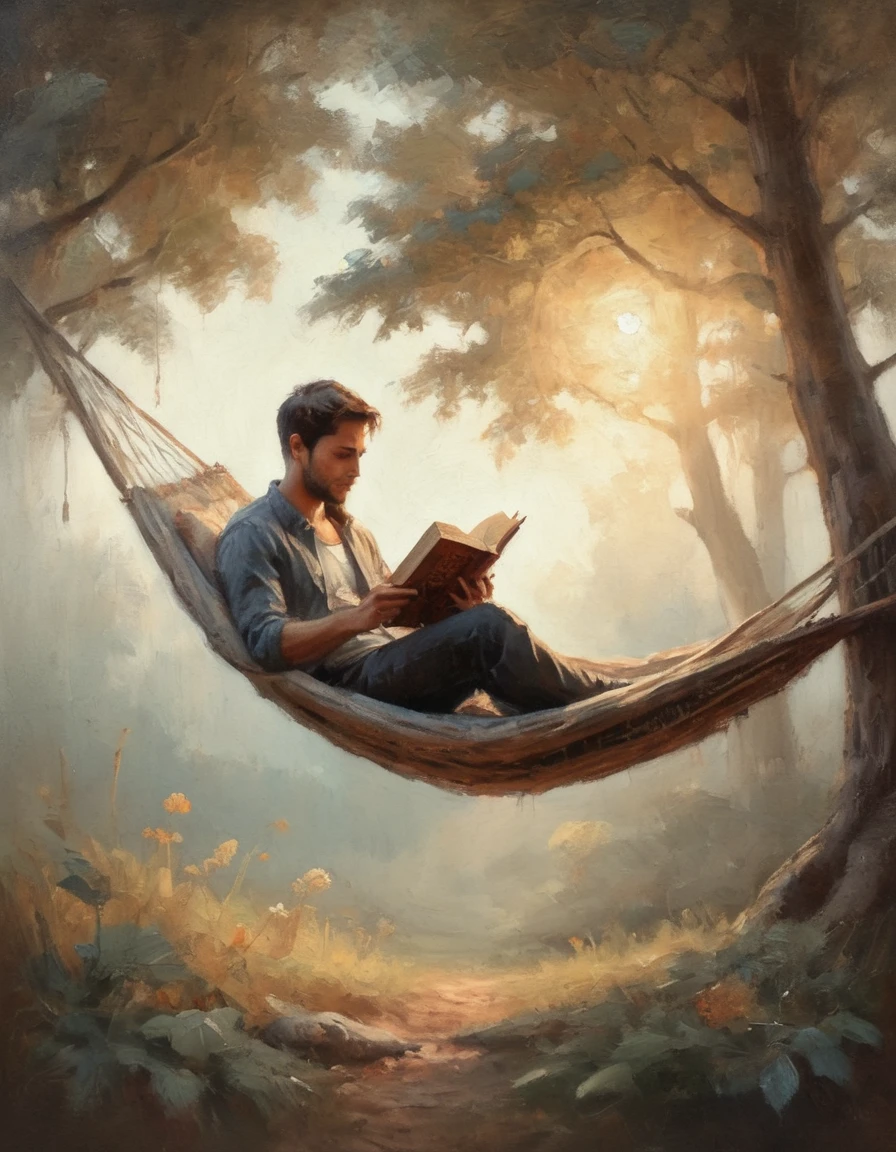 Hyperreal digital art style, "Fairytale", fantasy world coming out of centered book, open book, hyperdetailed double exposure fantasy illustration, masterpiece, cinematic, by Andreas Lie, Luke Gram, photorealism, backlit, gorgeous light, a man resting in a hammock reading a book