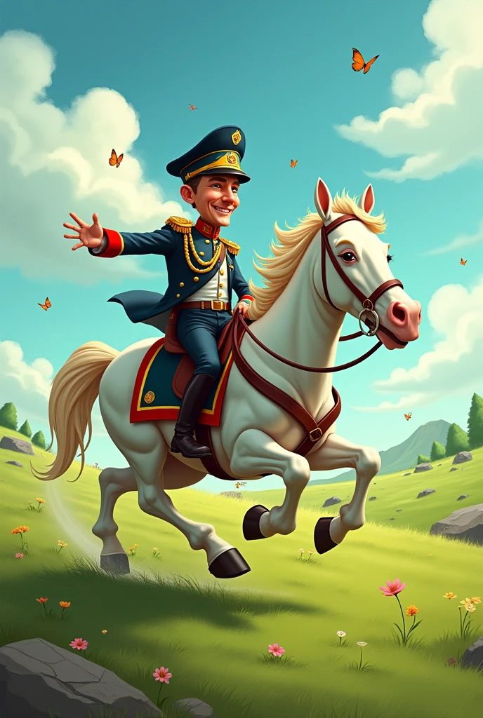 Draw me a picture of a funny general riding a stupid horse on the grasslands.
