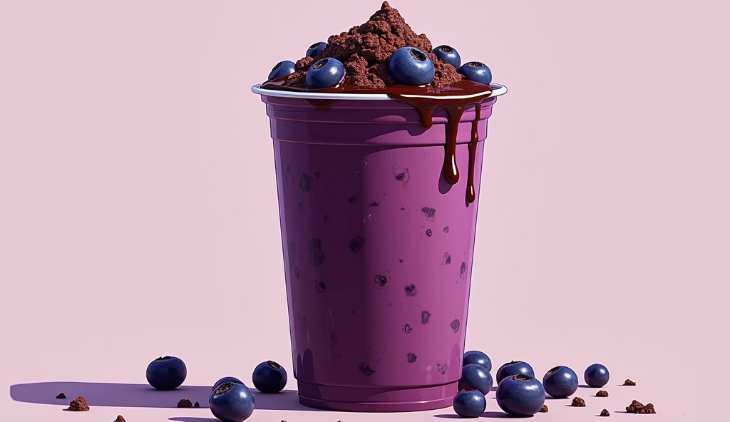(work of art:1.2, highest quallity,highest quallity,very detailledな:1.2),(very detailled),8k,(best illustrations), a tall plastic cup with dark purple acai, melted chocolate on top.