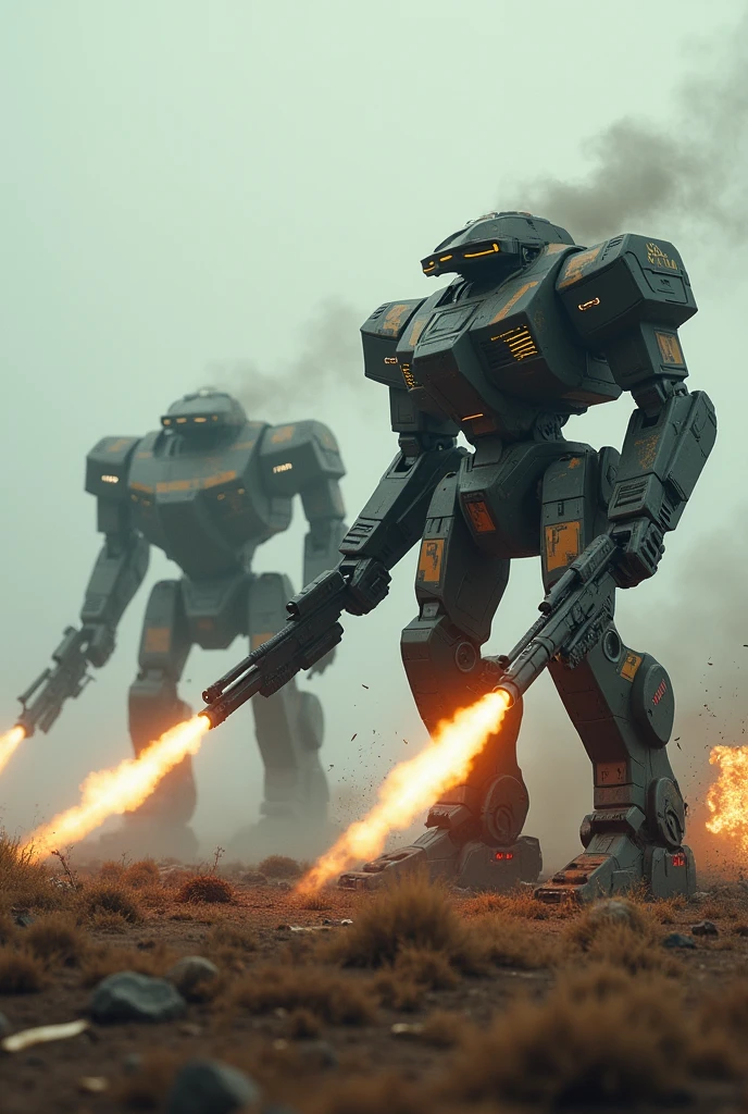 A cinematic still of two MRSs carrying huge weapons and attacking. (MRS:1.0), (Military:1), Mech Armor, (Heavy:1.3), (Hawken:1.3),
The mechs are fighting on a vast, desolate, wilderness battlefield. The battlefield is filled with stray bullets and explosions.
(Fighting Pose:1.2), Motion Blur, Light Trails, Mech Armor, (Dutch Angle:1.5), (Huge Weapon Carrying:1.5), (Many Weapons:1.2), Shallow Depth of Field, Vignette, Highly Detailed, High Budget, Bokeh, Cinemascope, Moody, Epic, Gorgeous, Film Grain, Grainy