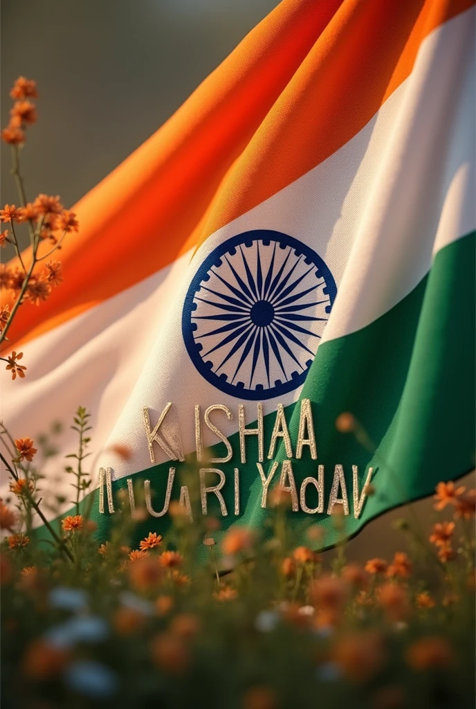 KRISHNA MURARI YADAV Make a photo of the name on an Indian flag with the name KRISHNA MURARI YADAV behind and a big Indian flag in front of it.