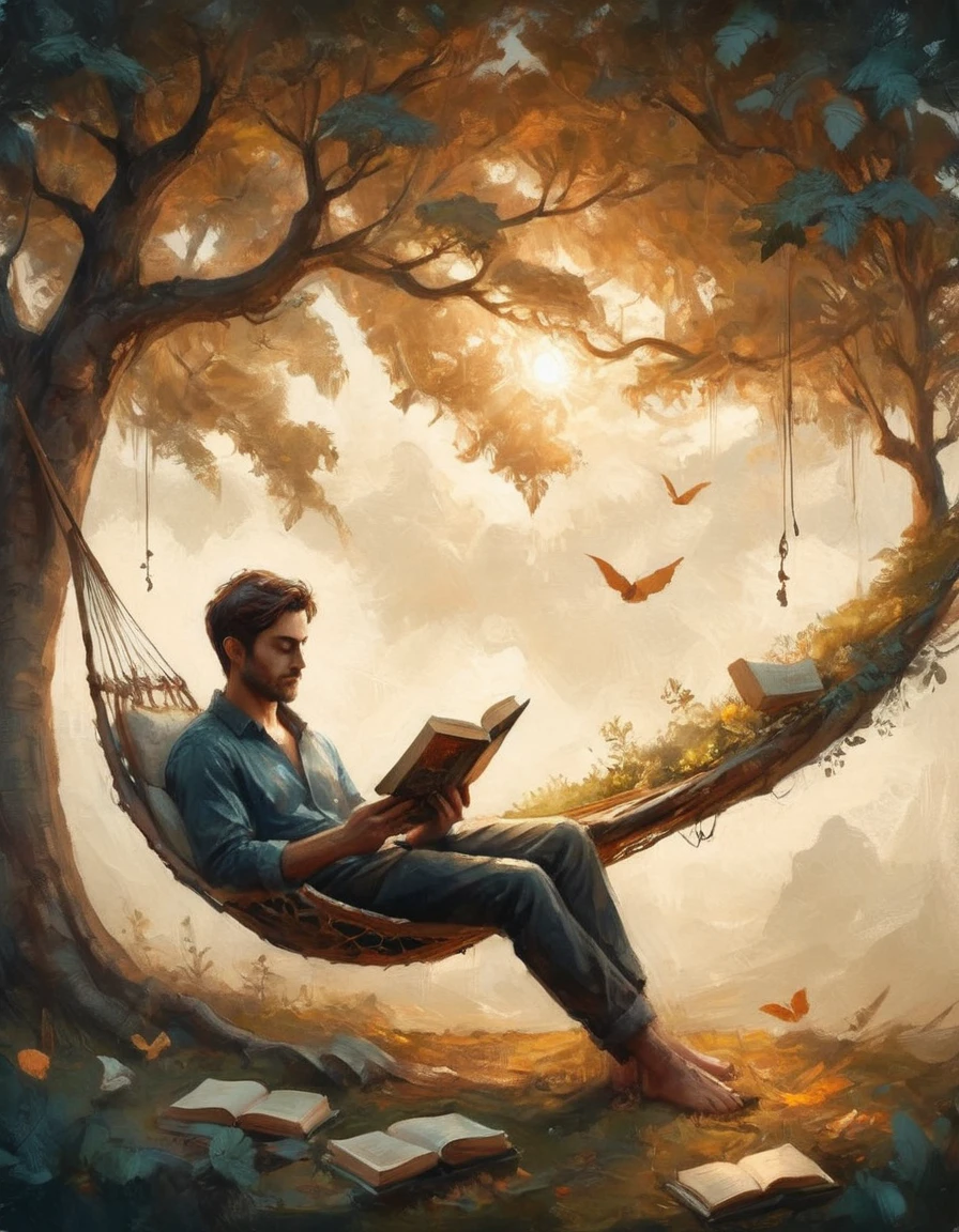 Hyperreal digital art style, "Fairytale", fantasy world coming out of centered book, open book, hyperdetailed double exposure fantasy illustration, masterpiece, cinematic, by Andreas Lie, Luke Gram, photorealism, backlit, gorgeous light, a man resting in a hammock reading a book
