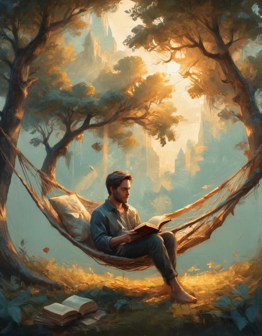 Hyperreal digital art style, "Fairytale", fantasy world coming out of centered book, open book, hyperdetailed double exposure fantasy illustration, masterpiece, cinematic, by Andreas Lie, Luke Gram, photorealism, backlit, gorgeous light, a man resting in a hammock reading a book