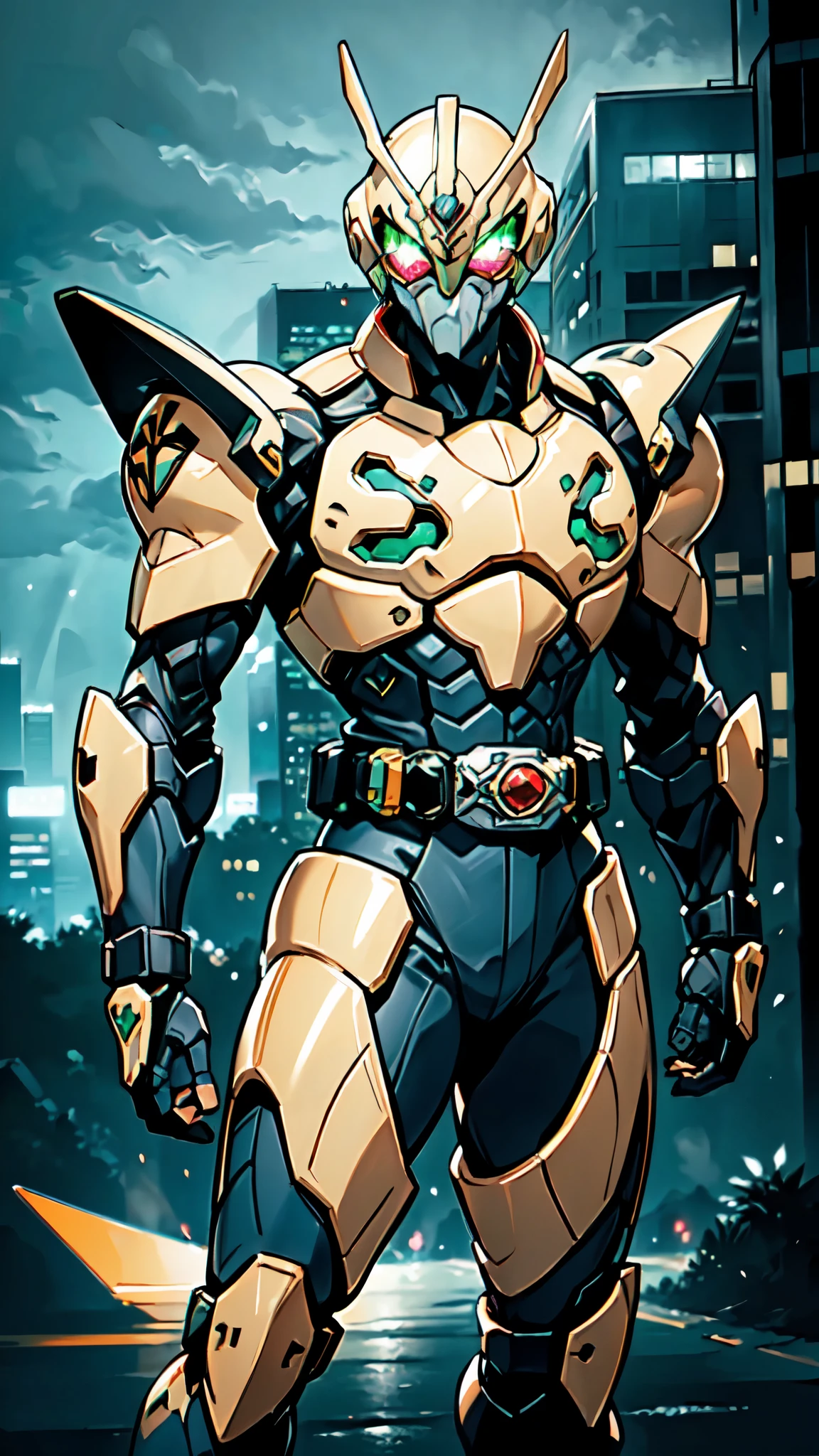 (masterpiece:1.5, best quality:1.5, extremely delicate:1.5), a man wearing a full-face helmet, a fantasy-style biotech armored combat suit, green eyes, (a composite layered chest armor), fully enclosed shoulder guards, matching arm and leg guards, belt of Neon circuit, (the color scheme is primarily black with green and red accents), the design balances heavy with agility, a high-tech bio-mecha armor, (Armor Concept Inspired by Kamen Rider, stand on the top of a skyscraper in a futuristic sci-fi city), this character embodies a finely crafted fantasy-surreal style armored hero in anime style, exquisite and mature manga art style, (element, plasma, energy, the armor glows), ((male:1.5)), metallic, high definition, highres, ultra-detailed, ultra-fine painting, professional, perfect body proportions, golden ratio, anatomically correct, symmetrical face, extremely detailed eyes and face, high quality eyes, creativity, RAW photo, UHD, 32k, Natural light, cinematic lighting, masterpiece-anatomy-perfect