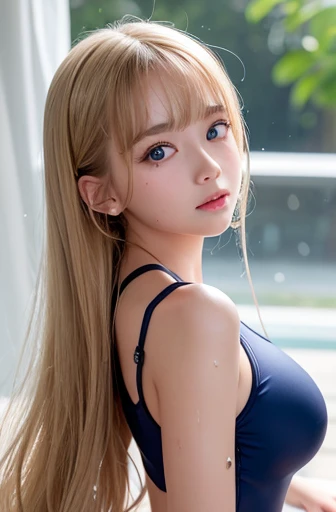 Bright expression、Photorealism、Highest quality、Ultra-high resolution、picture、北欧生まれのbeautiful少女の写真、非常にbeautiful少女、細部まで可愛くbeautiful幸せな顔、(((Navy school swimsuit that shines when wet 、Wet and see-through,)))、((whole body、Spread your legs))、(Pure Eros Face_v1:0.008)、beautiful bangs、Alice in Wonderland、、Glowing White Skin、Facial hair、Bangs on the face、Bangs between the eyes、Super long hair、Attractive bright natural platinum blonde super long straight silky highlighter hair、High resolution eyes、beautiful, Bright and clear, Big bright blue eyes sparkle with charm、eyeliner、double eyelid、Small breasts、完璧なbeautiful若い体, Perfectly balanced body, Going to bed、Hair spreads all over the sheets、Sleep on your back、sprawl、Lie、Lie on your back, sexy,