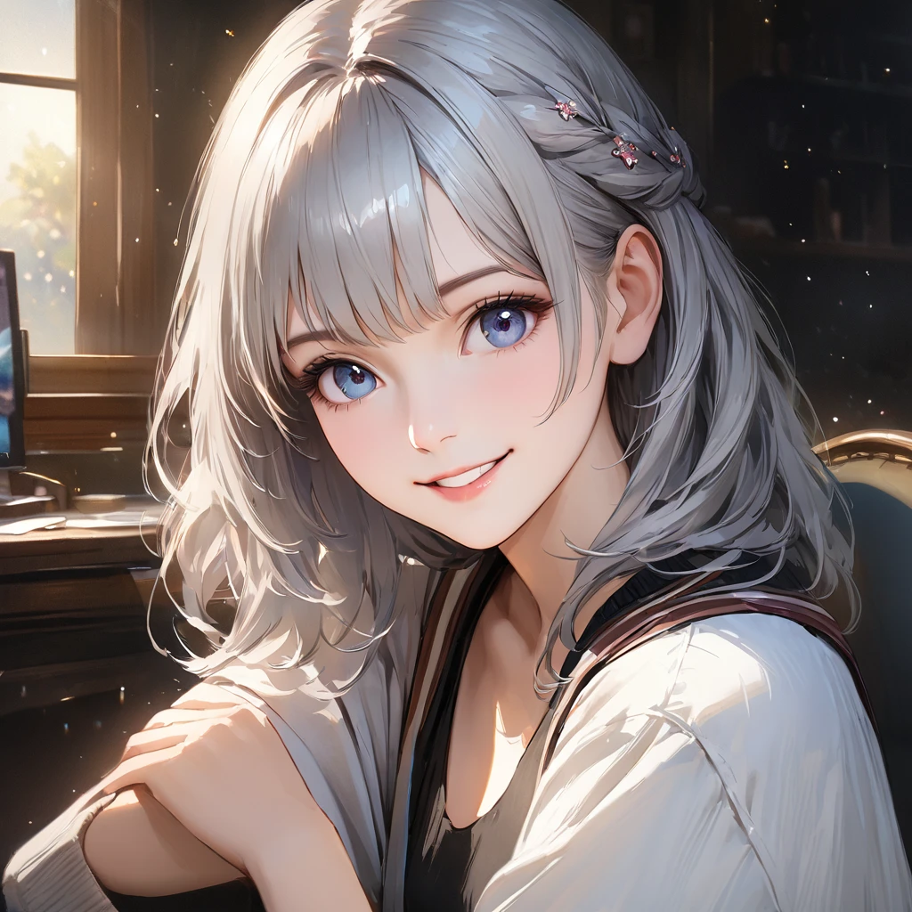 No background,Black and white depiction,Female college student,Hairstyle to the shoulders,smile,Glitter effect,Highest quality, 4K, 8k, High resolution, masterpiece:1.2, Very detailed, Realistic:1.37, High resolution, 超High resolution, Ultra-fine painting, Sharp focus, Physically Based Rendering, Very detailedな説明, Professional