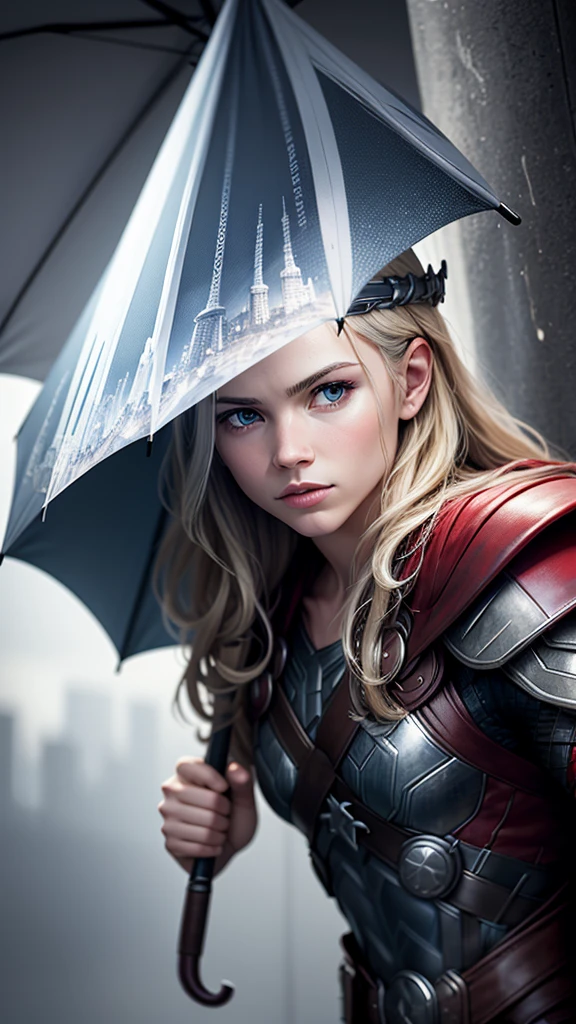 Make a picture of an umbrella with a picture of Thor, focus the image on the umbrella