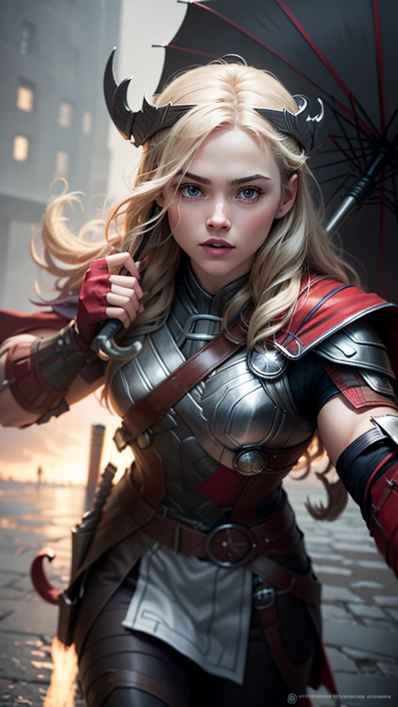 Make a picture of an umbrella with a picture of Thor, focus the image on the umbrella