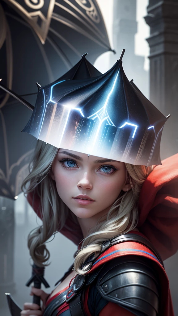 Make a picture of an umbrella with a picture of Thor, focus the image on the umbrella