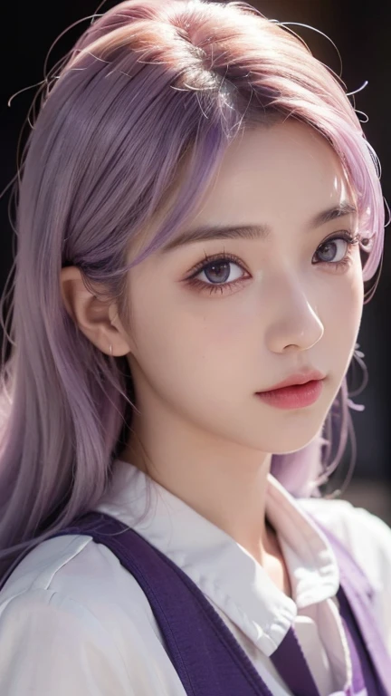 portrait photo of a beautiful young girl, with light purple hair, purple eyes, eyelashes, school uniform, nightclub, 8k UHD, high quality, cinematic, vibrant colors, high contrast, (natural skin texture, hyperrealism, soft light, sharp)