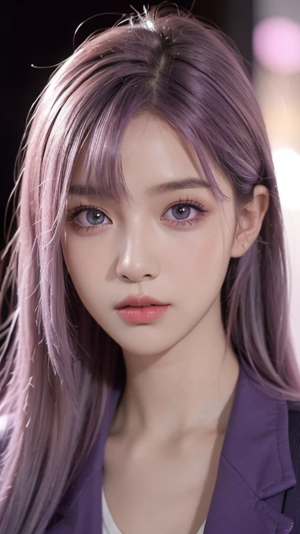 portrait photo of a beautiful young girl, with light purple hair, purple eyes, eyelashes, school uniform, nightclub, 8k UHD, high quality, cinematic, vibrant colors, high contrast, (natural skin texture, hyperrealism, soft light, sharp)