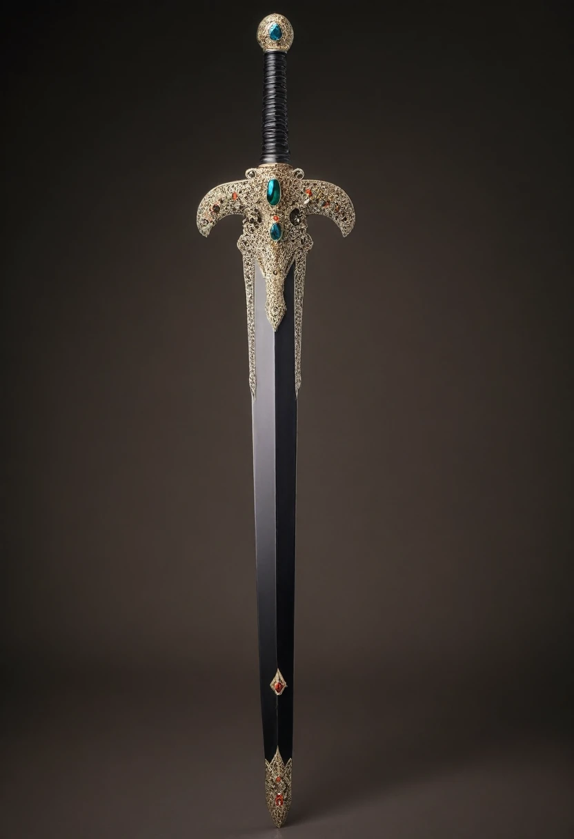 A sword with one blade, Heated blade, Black, Delicate handles embellished with gemstones，Huge weapons