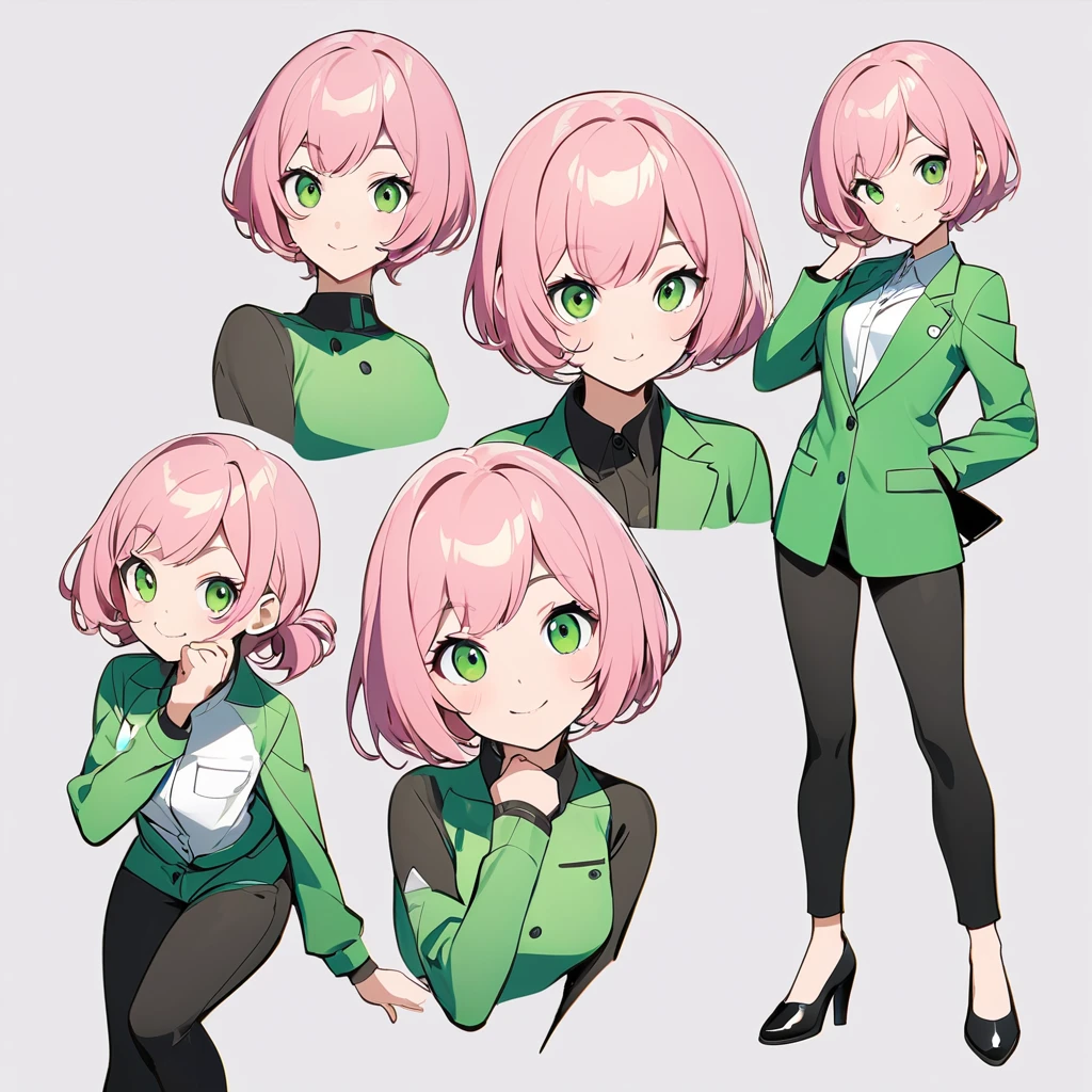 Pink Hair,Bob Hair, Hair Arrangement,woman,,((Cool suit clothes)),(Short dress shirt),(Green short suit),Black skinny pants,Black pumps,((Simple Background)),smile,((whole body)),Character Design,Cool pose