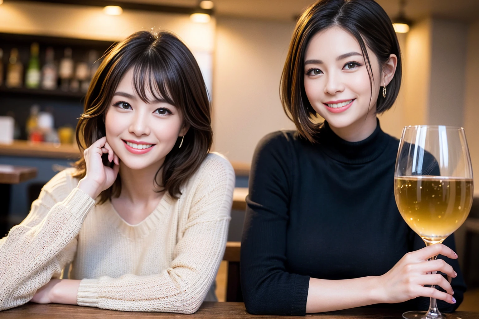((Highest quality、8k、masterpiece:1.3))、slimカップル、modelカップル、(Realistic, Intricate details:1.2), Japanese food、Buckwheat、Japanese sake、Shochu 、Amazing view of the sunset sky and clouds、A bright smile、The wonderfulness of smile、Bright image、Beautiful Face, blue eyes, The light shines on your face, blush, short hair,Bright Face、 (Age 37), 39 years old, sparkling wine、Two beauties、Brown Hair、Shortcuts、Long sleeve shirt、dress、Beautiful woman 1, (slimな顔), (The body is slim), (Brown Hair), (Shortcuts), cheeks turn a little red,Attractive beauty、restaurant, In a prominent place (From the waist up) Nova Frog Style, actress, model, Upper Body, White wine, slim, smile, (smile: 1.15), Beautiful fine grain, Depth f/2,saturation, High Contrast, Strong light and shadow,Moist Body:1.5、3D texture、Delicate eyes、Brown Hair、The hair is very shiny、