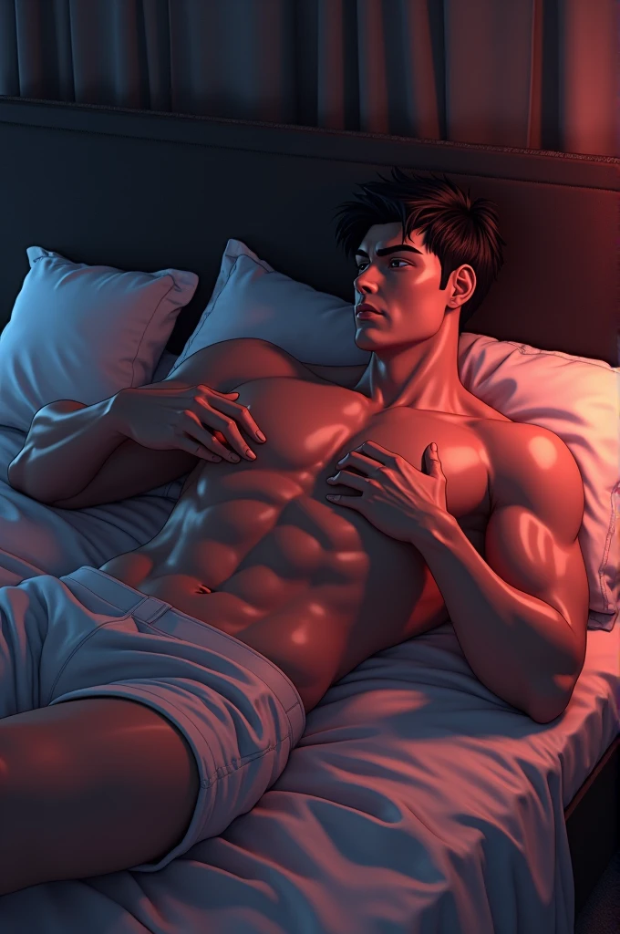 Anime man with well defined body lying on a bed while holding his hard cock