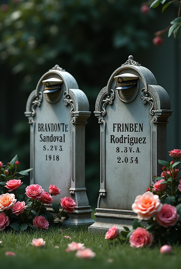 Create two tombstones together, One tombstone says "Brandont Sandoval 1888/1918" and the other tombstone says " Milton Rodriguez 1887/1918" both tombstones are with roses and carnations and on one side military caps