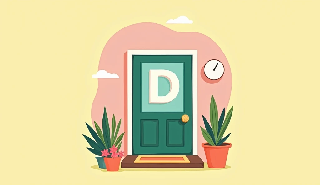 D**: "Illustrate the letter 'D' with a door next to it. The door should look inviting, with bright colors and decorative elements like flowers or a welcome mat, set against a simple, cheerful background."